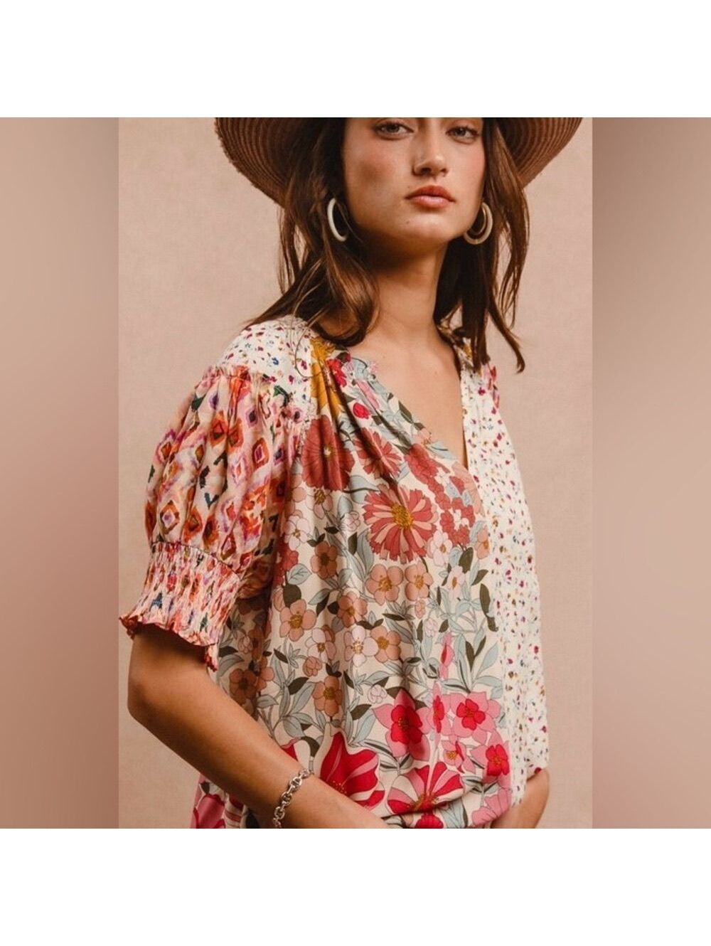 BiBi Woven Printed Peasant Top in Rose Mix Size L